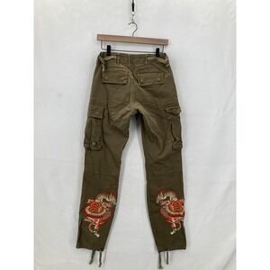Criminal Damage Cargo Pants Mens 28 Green Embroidered Dragon Tiger Drawstring